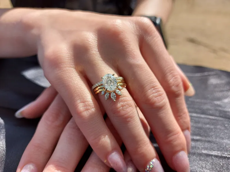 Oval Moissanite engagement ring set vintage unique yellow gold engagement ring, Marquise Cluster ring wedding Bridal Promise ring. vy 4