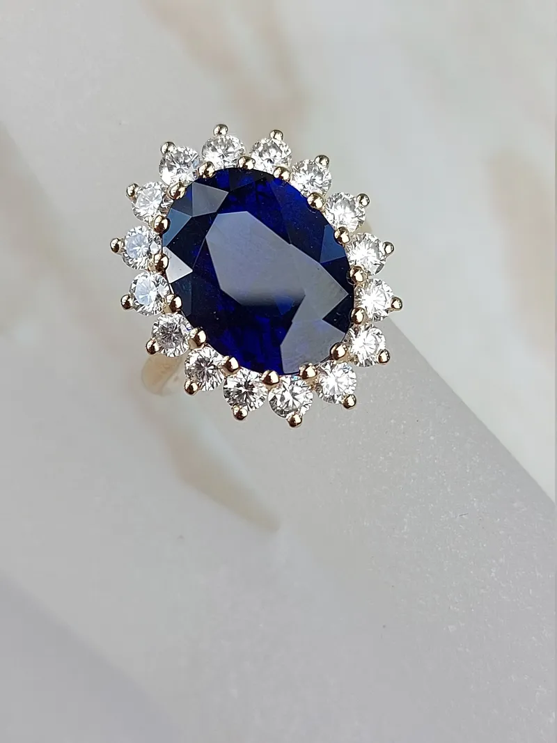 Princess Diana 6ct Oval Blue Sapphire Halo Diamond Ring view 2