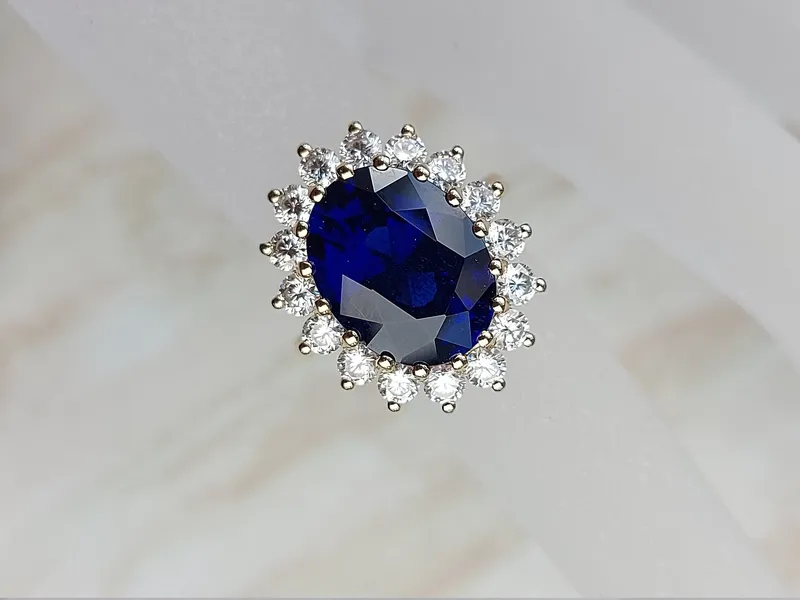 Princess Diana 6ct Oval Blue Sapphire Halo Diamond Ring view 4