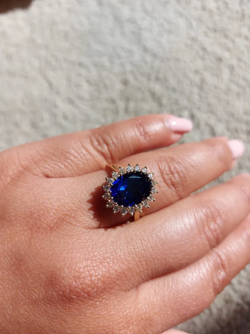 Princess Diana 6ct Oval Blue Sapphire Halo Diamond Ring view 3