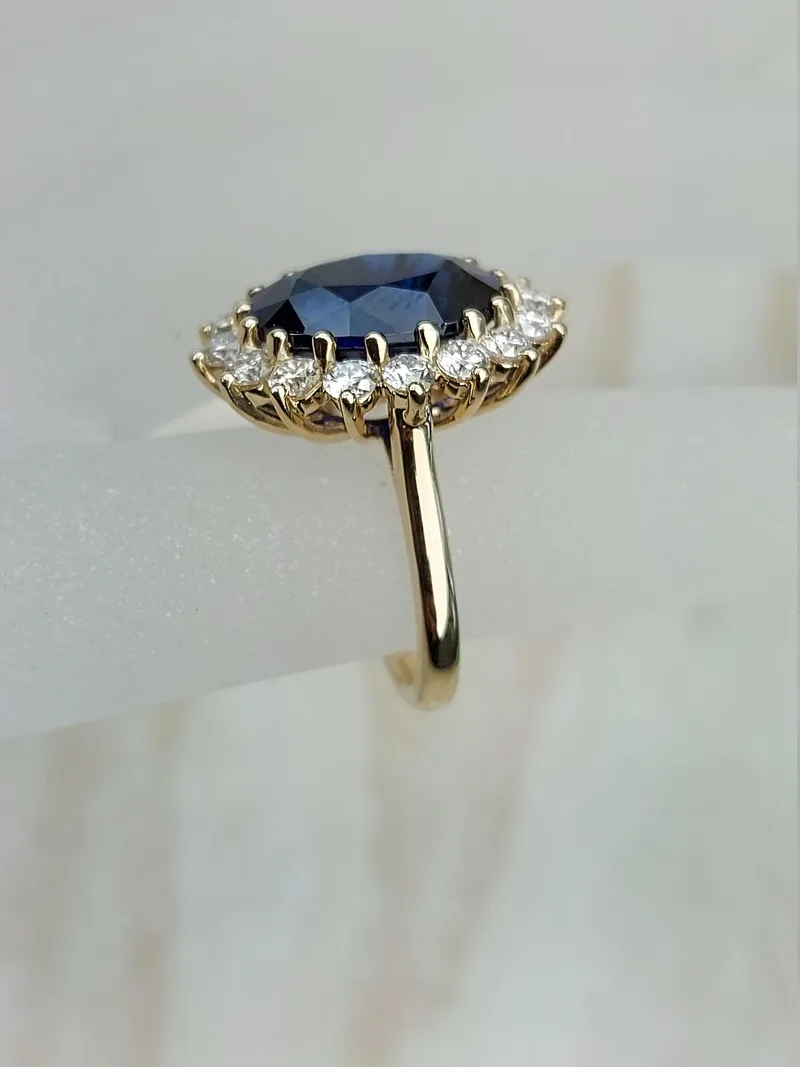 Princess Diana 6ct Oval Blue Sapphire Halo Diamond Ring view 6