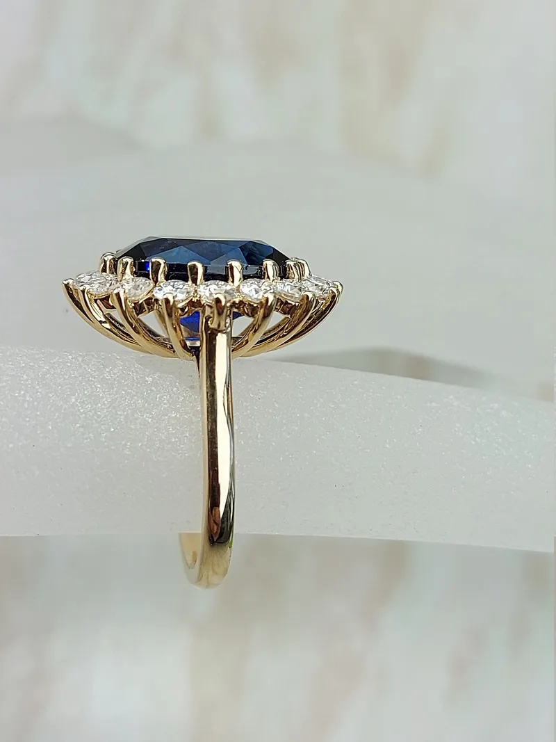 Princess Diana 6ct Oval Blue Sapphire Halo Diamond Ring view 5