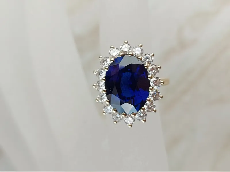 Princess Diana 6ct Oval Blue Sapphire Halo Diamond Ring view 7
