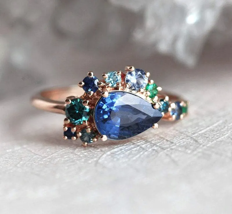 Freyja Blue Sapphire Emerald Topaz Diamond Cluster Ring view 10