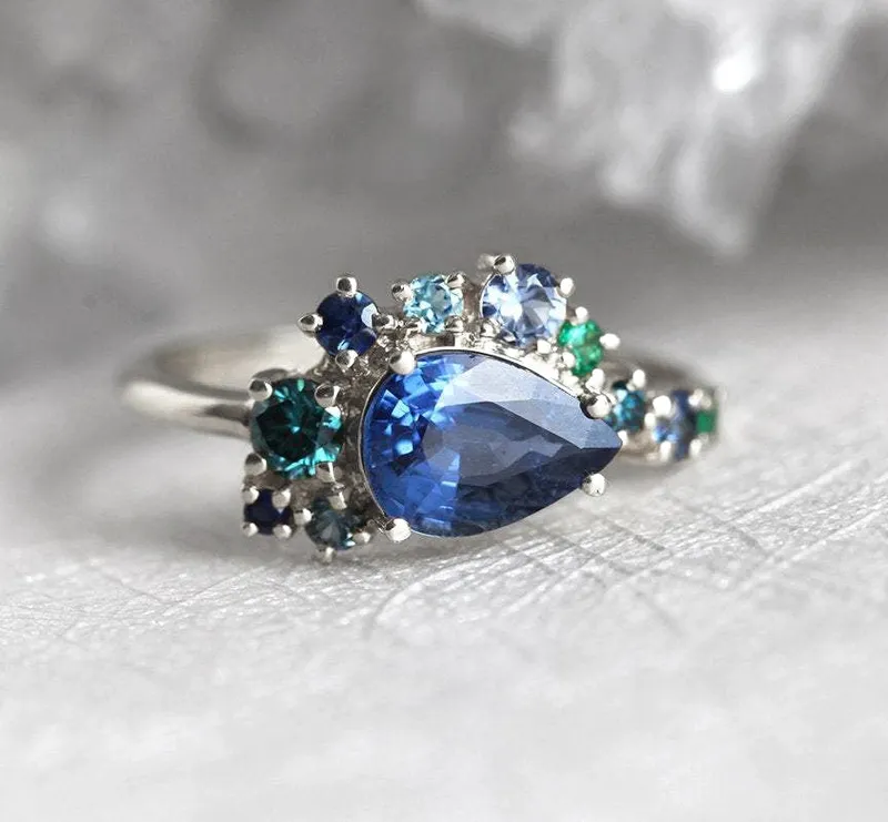Freyja Blue Sapphire Emerald Topaz Diamond Cluster Ring view 11