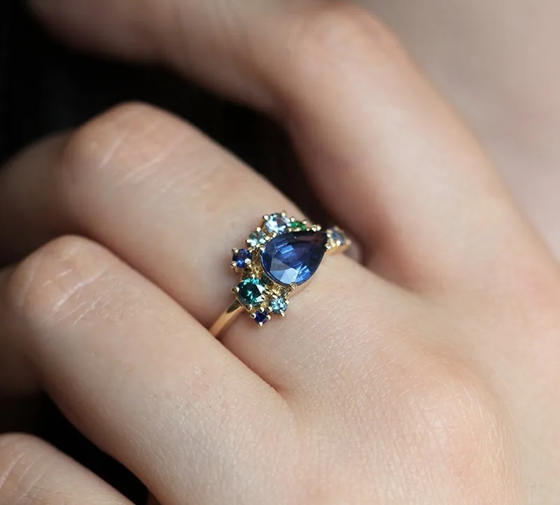 Freyja Blue Sapphire Emerald Topaz Diamond Cluster Ring view 2