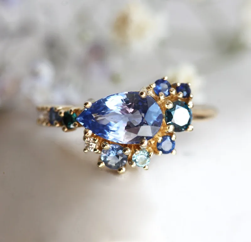 Freyja Blue Sapphire Emerald Topaz Diamond Cluster Ring view 3
