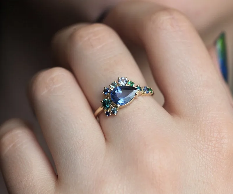 Freyja Blue Sapphire Emerald Topaz Diamond Cluster Ring view 5