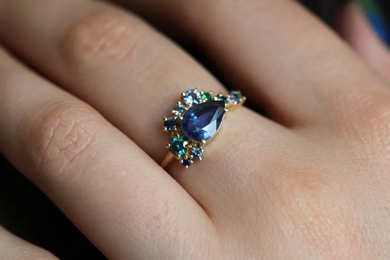 Freyja Blue Sapphire Emerald Topaz Diamond Cluster Ring view 6