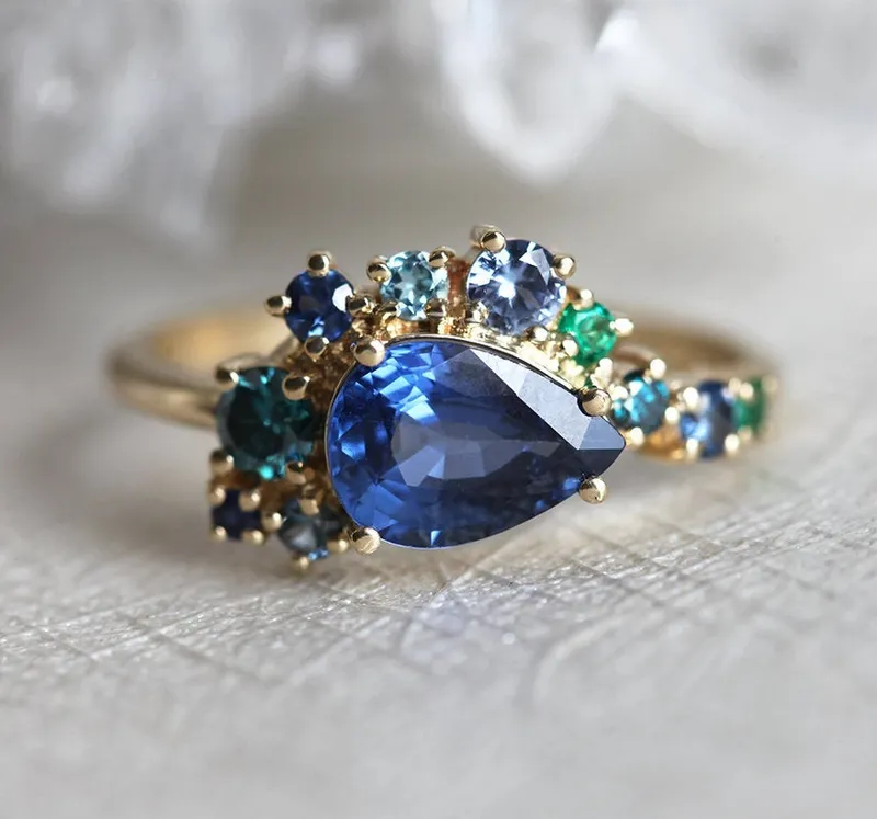 Freyja Blue Sapphire Emerald Topaz Diamond Cluster Ring view 7