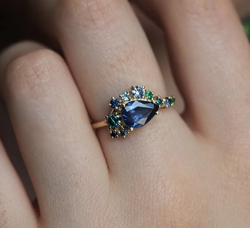 Freyja Blue Sapphire Emerald Topaz Diamond Cluster Ring view 8