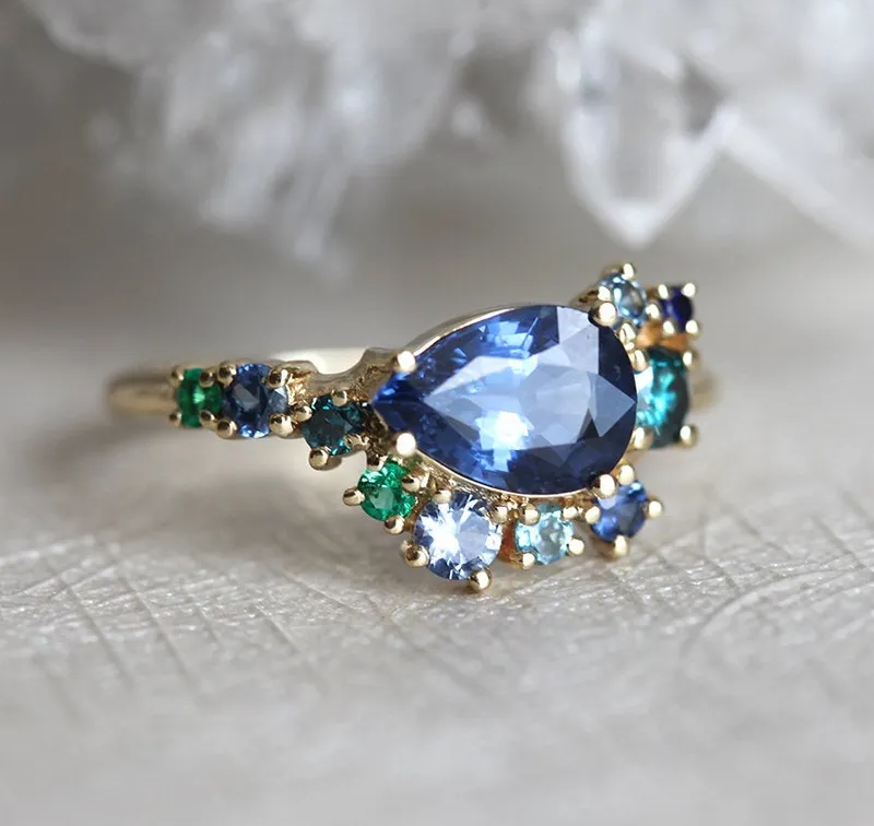 Freyja Blue Sapphire Emerald Topaz Diamond Cluster Ring view 9