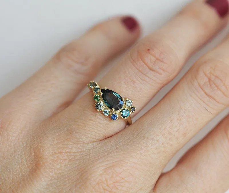Freyja Pear Sapphire Topaz Emerald Diamond Cluster Ring vy 2