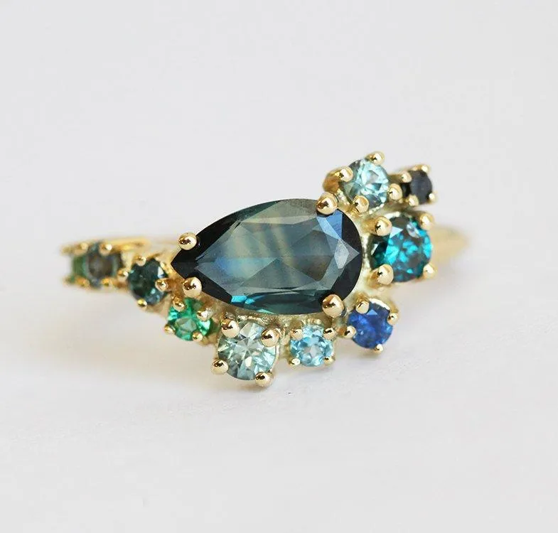 Freyja Pear Sapphire Topaz Emerald Diamond Cluster Ring vy 3