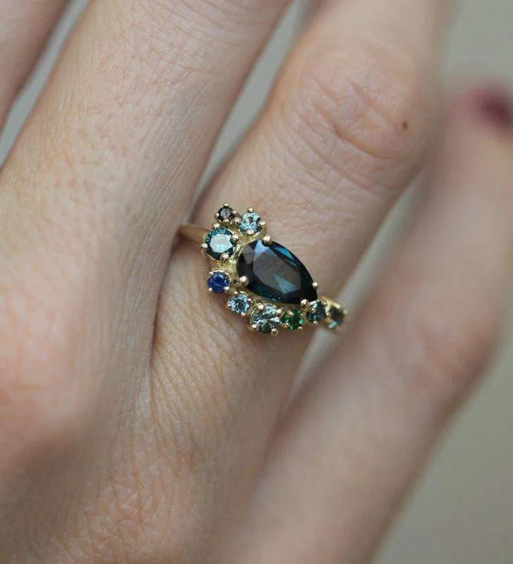 Freyja Pear Sapphire Topaz Emerald Diamond Cluster Ring vy 4