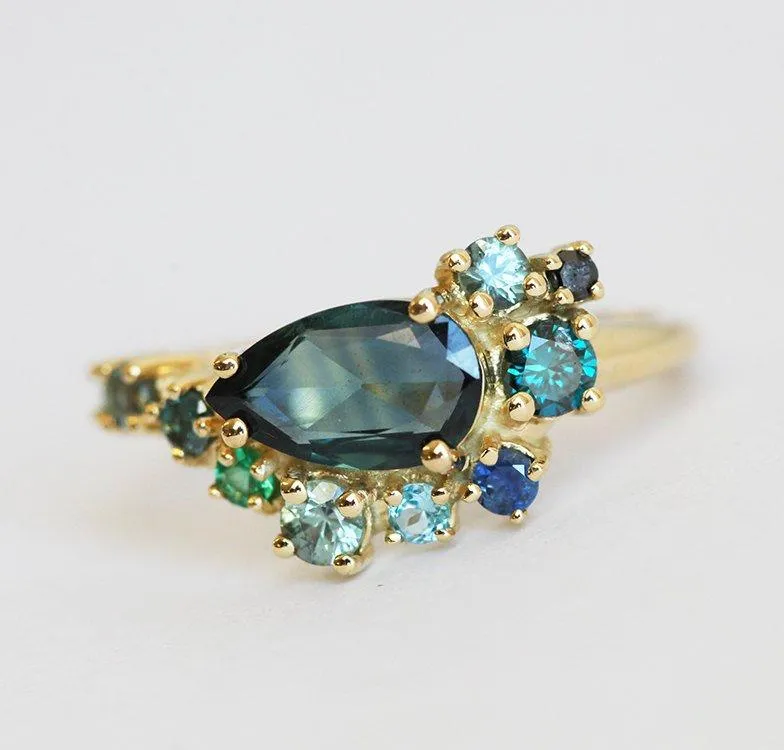 Freyja Pear Sapphire Topaz Emerald Diamond Cluster Ring vy 5