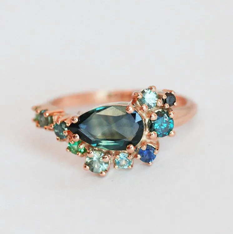 Freyja Pear Sapphire Topaz Emerald Diamond Cluster Ring vy 6