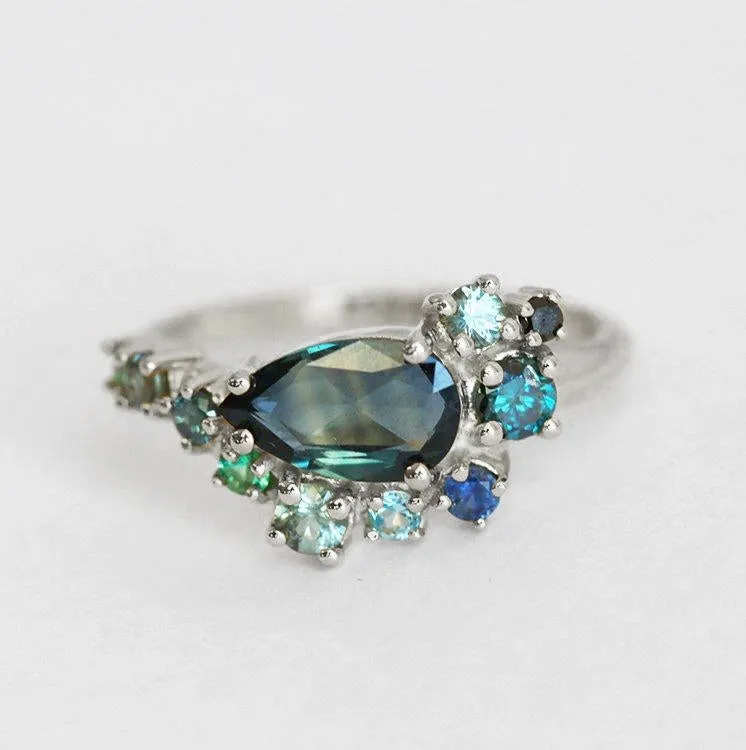 Freyja Pear Sapphire Topaz Emerald Diamond Cluster Ring vy 7