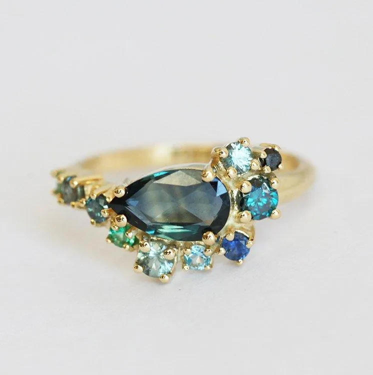 Freyja Pear Sapphire Topaz Emerald Diamond Cluster Ring sapphire pear cut engagement ring