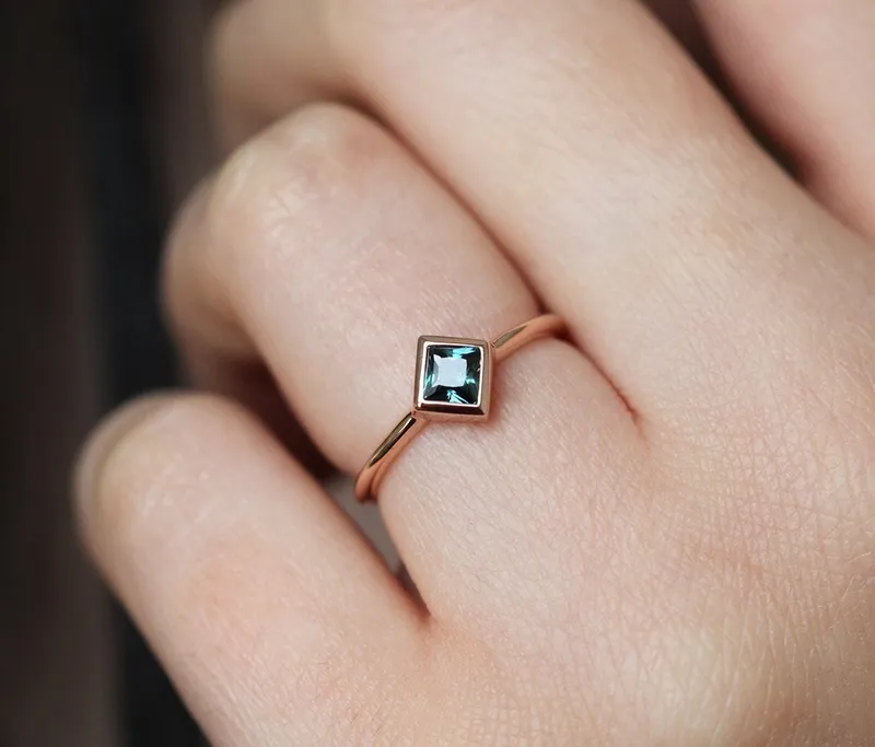 Frida Teal Sapphire Solitaire Ring Set With Curved Lace Band vy 6