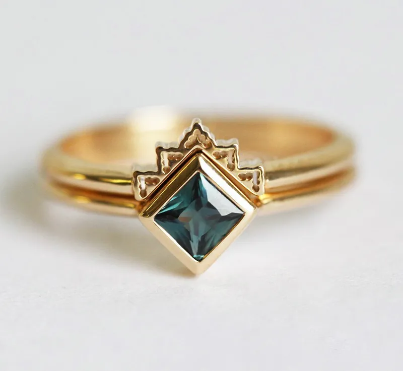 Frida Teal Sapphire Solitaire Ring Set With Curved Lace Band vy 7