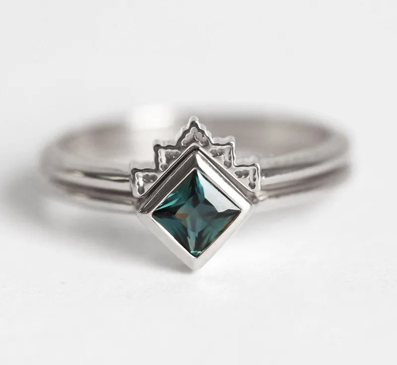 Frida Teal Sapphire Solitaire Ring Set With Curved Lace Band vy 8