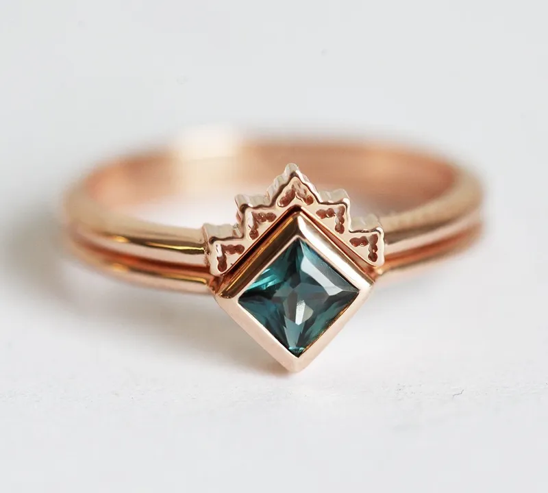 Frida Teal Sapphire Solitaire Ring Set With Curved Lace Band sapphire engagement ring