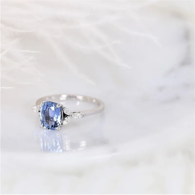 1.77ct Ready to Ship Geneva 14kt White Gold Cornflower Lavender Sapphire Diamond 3 Stone Cushion Cluster Ring view 4