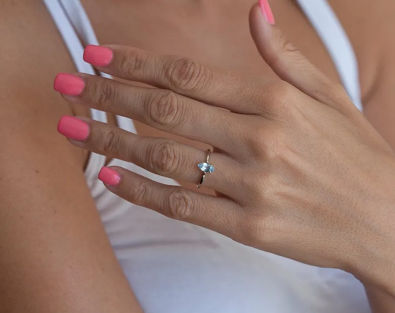 Gold Engagement Ring, Gold Aquamarine Ring vy 3