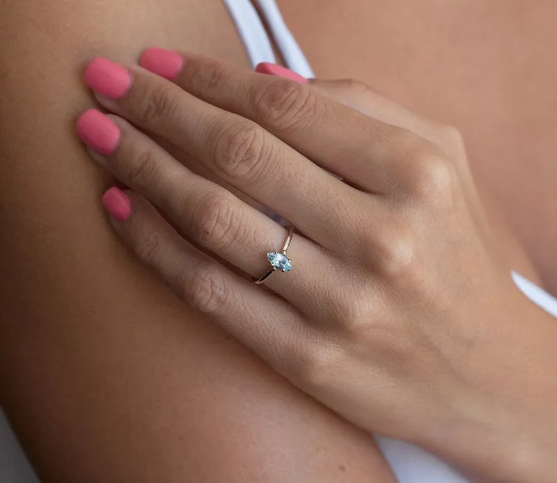 Gold Engagement Ring, Gold Aquamarine Ring blue engagement ring