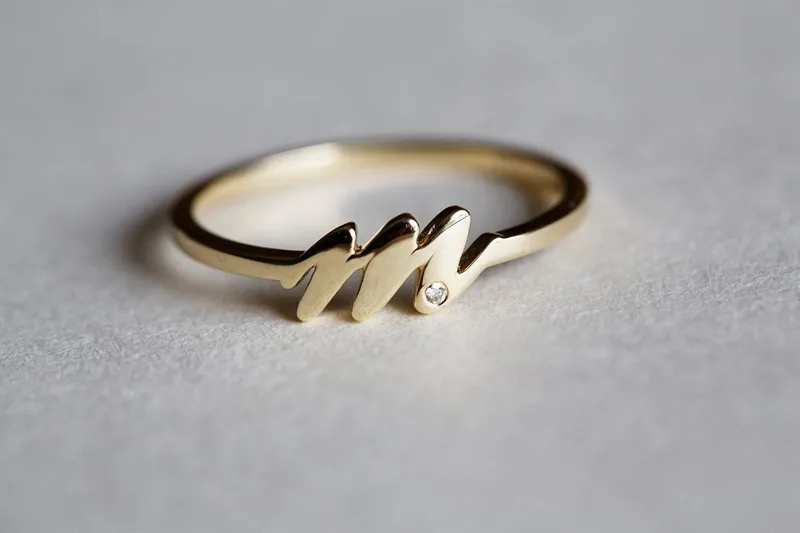 Gold Initial Ring, Dainty Initial Ring diamond round cut engagement ring
