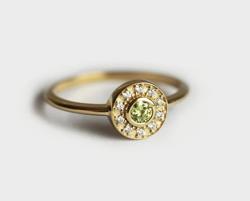 Gold Peridot Ring, Peridot Engagement Ring round cut engagement ring
