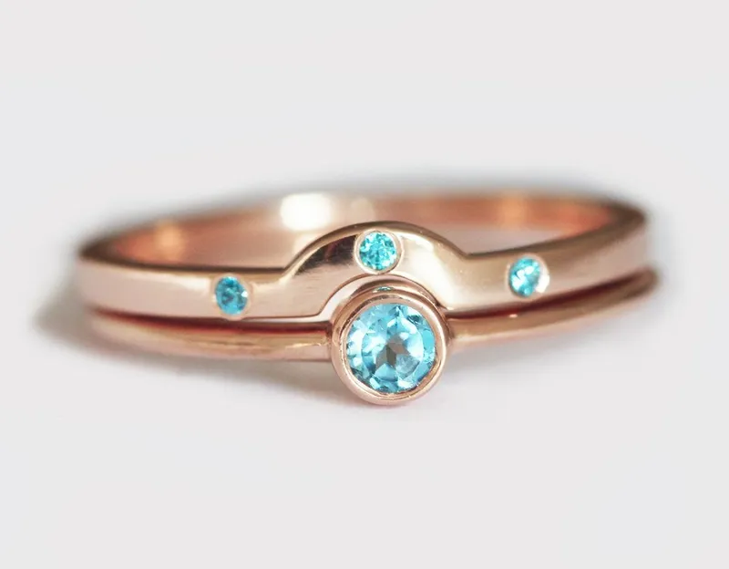 Gold Topaz Ring, Rose Gold Wedding Ring Set blue round cut engagement ring
