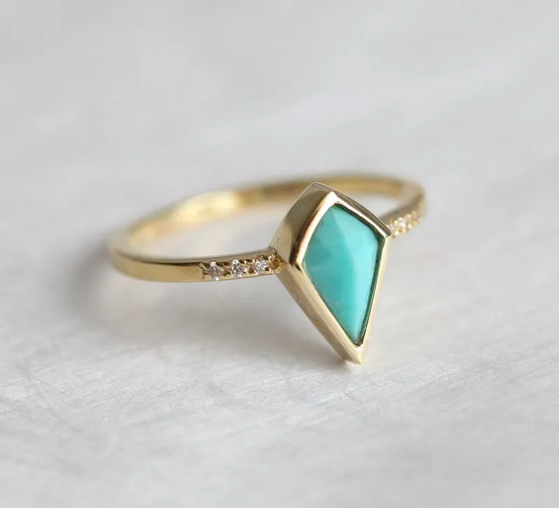 Gold Turquoise Ring, Unique Engagement Ring vy 3