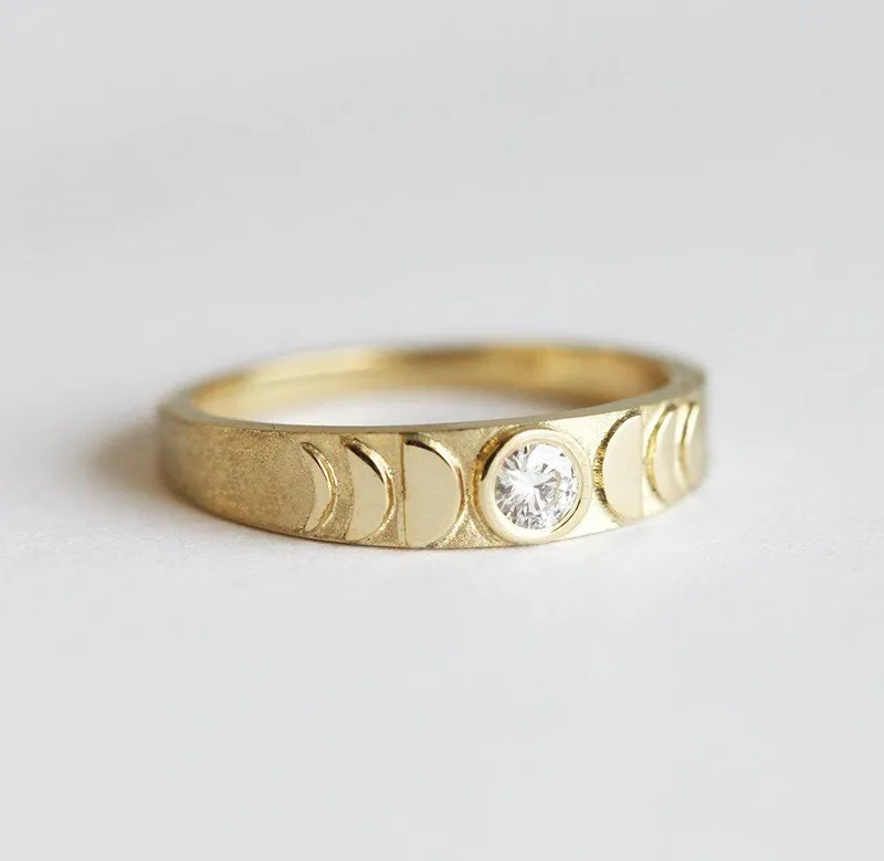 Gold Moon Phase Ring, Diamond Ring 14K view 2