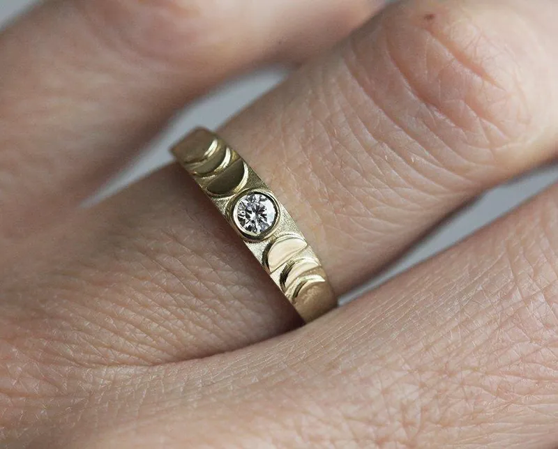 Gold Moon Phase Ring, Diamond Ring 14K view 3