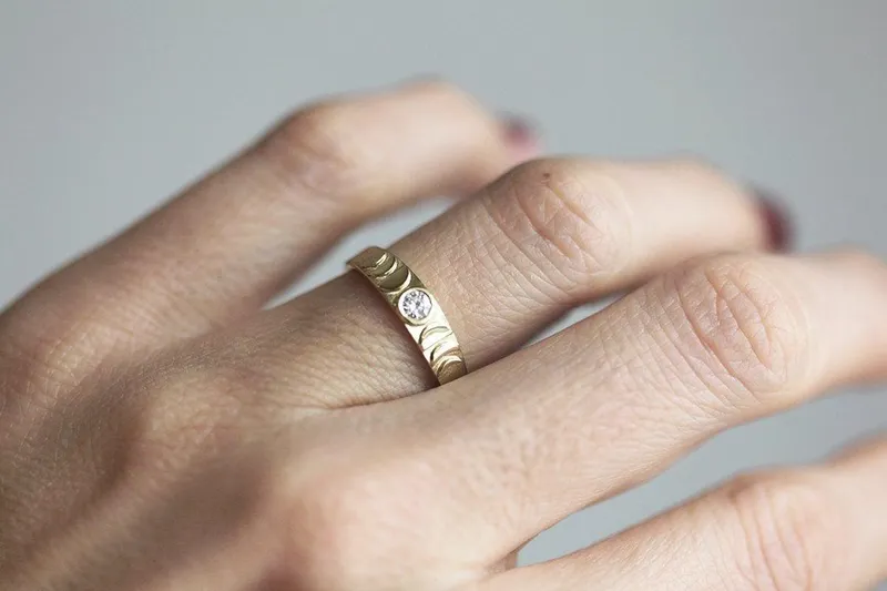 Gold Moon Phase Ring, Diamond Ring 14K view 4