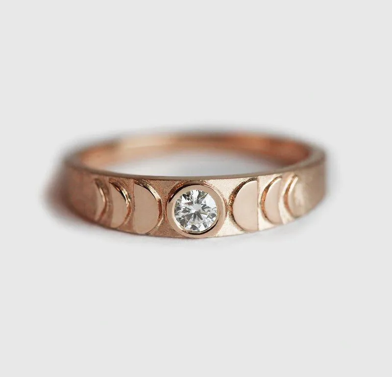 Gold Moon Phase Ring, Diamond Ring 14K view 6