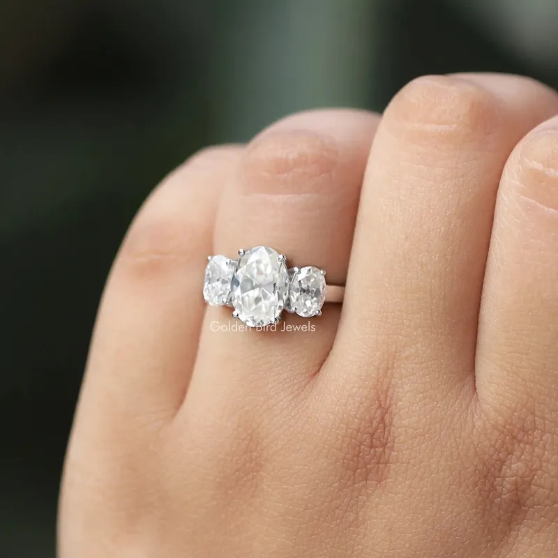 3 Carat Old Mine Oval Cut Three Stone Engagement Ring view 8