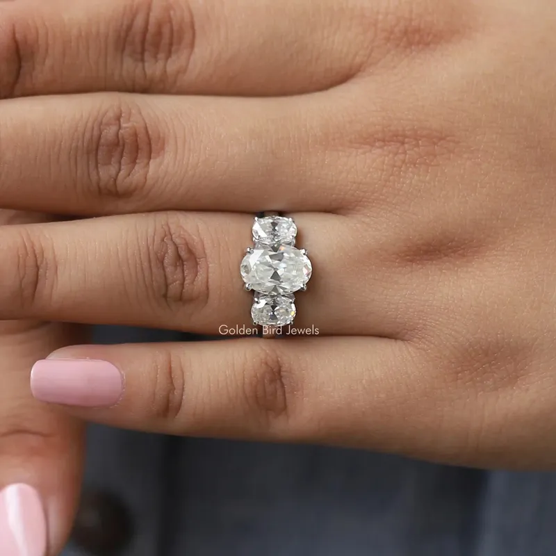 3 Carat Old Mine Oval Cut Three Stone Engagement Ring view 6