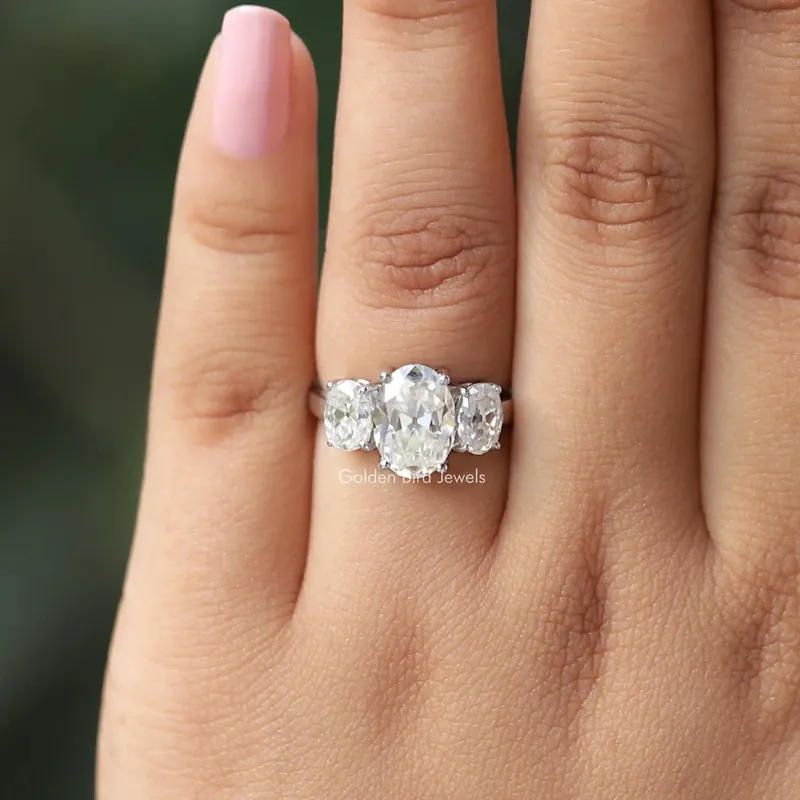 3 Carat Old Mine Oval Cut Three Stone Engagement Ring view 7