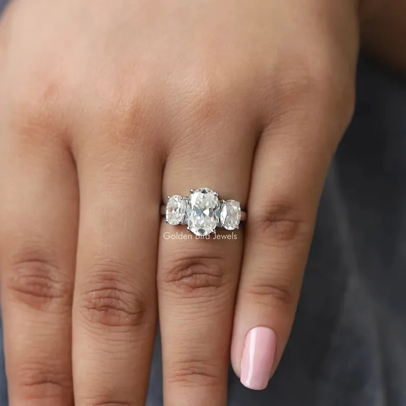 3 Carat Old Mine Oval Cut Three Stone Engagement Ring view 5