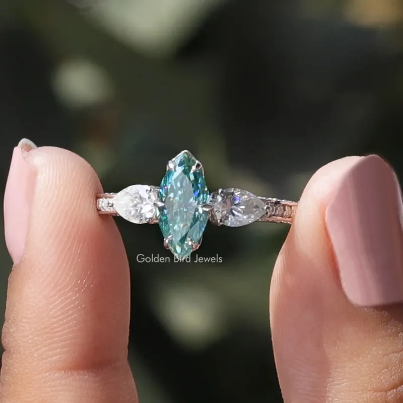 Blue Marquise Cut Moissanite Three Stone Ring blue pear cut engagement ring