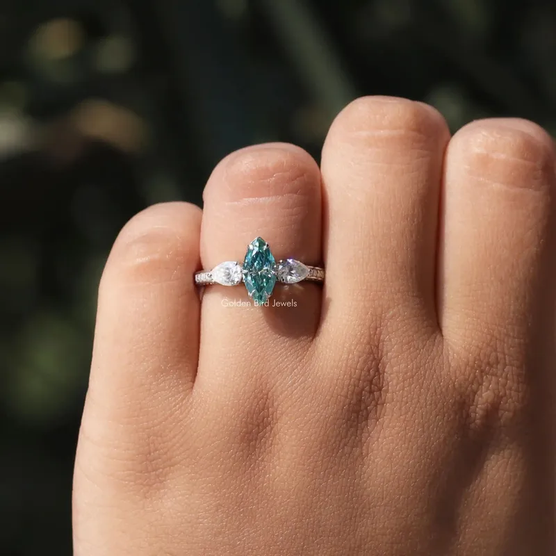 Blue Marquise Cut Moissanite Three Stone Ring vy 4