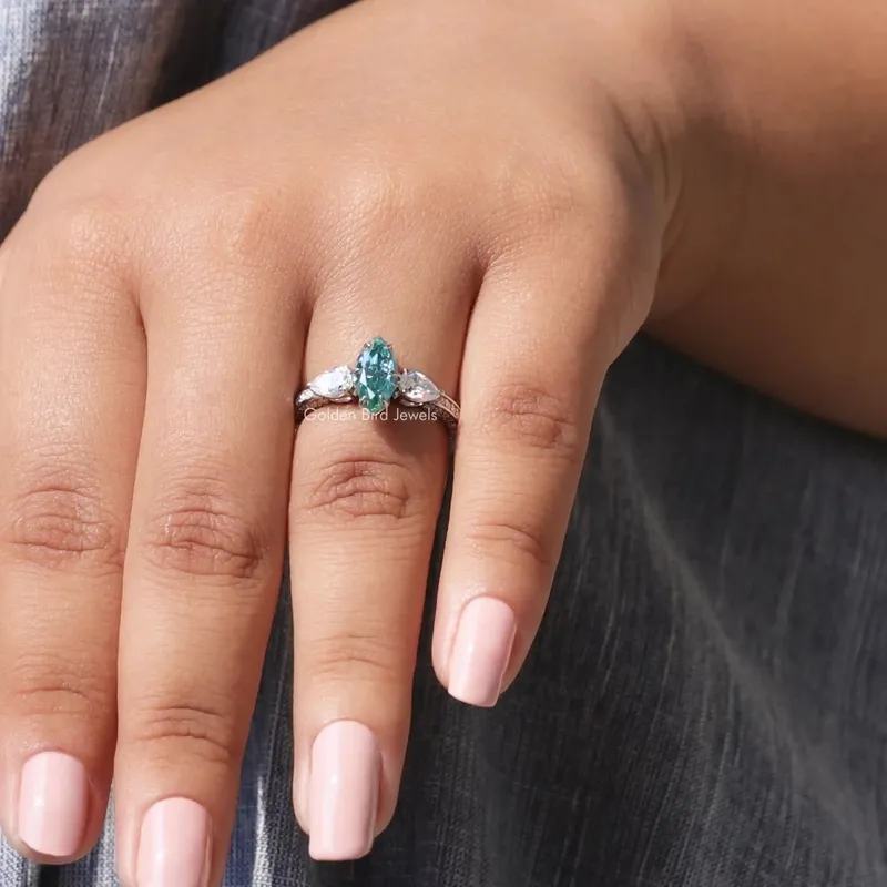 Blue Marquise Cut Moissanite Three Stone Ring vy 5