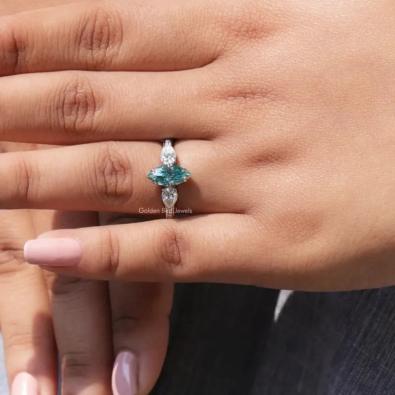 Blue Marquise Cut Moissanite Three Stone Ring vy 7