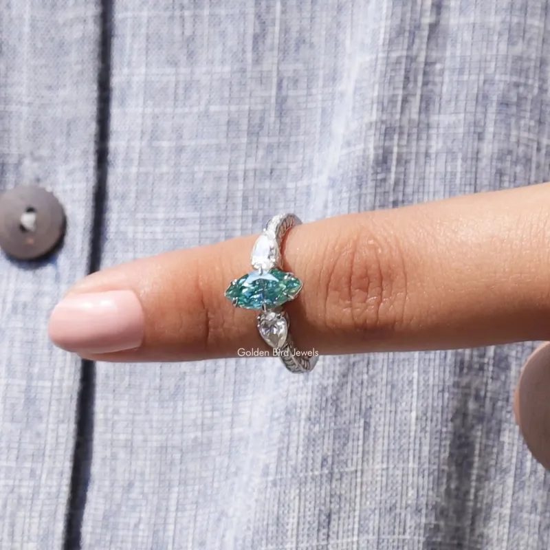Blue Marquise Cut Moissanite Three Stone Ring vy 6