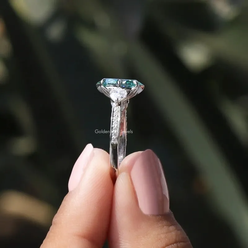 Blue Marquise Cut Moissanite Three Stone Ring vy 2