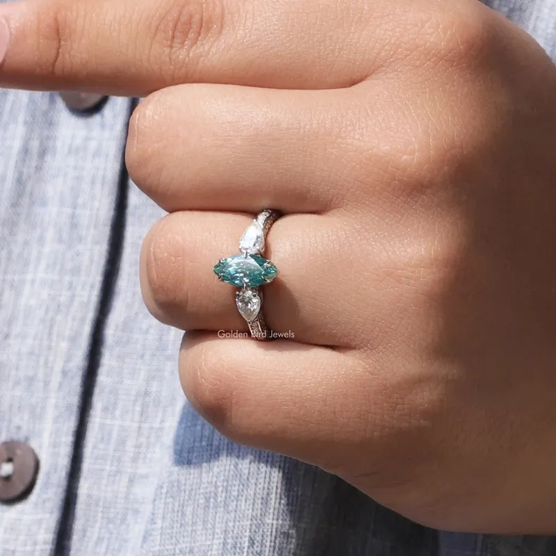 Blue Marquise Cut Moissanite Three Stone Ring vy 8
