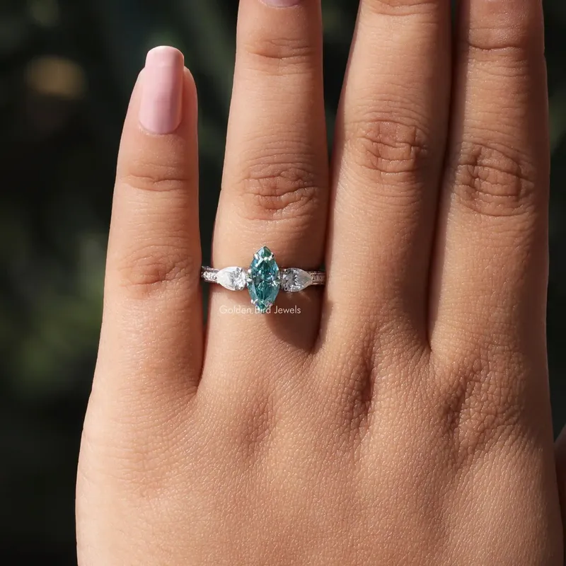 Blue Marquise Cut Moissanite Three Stone Ring vy 3